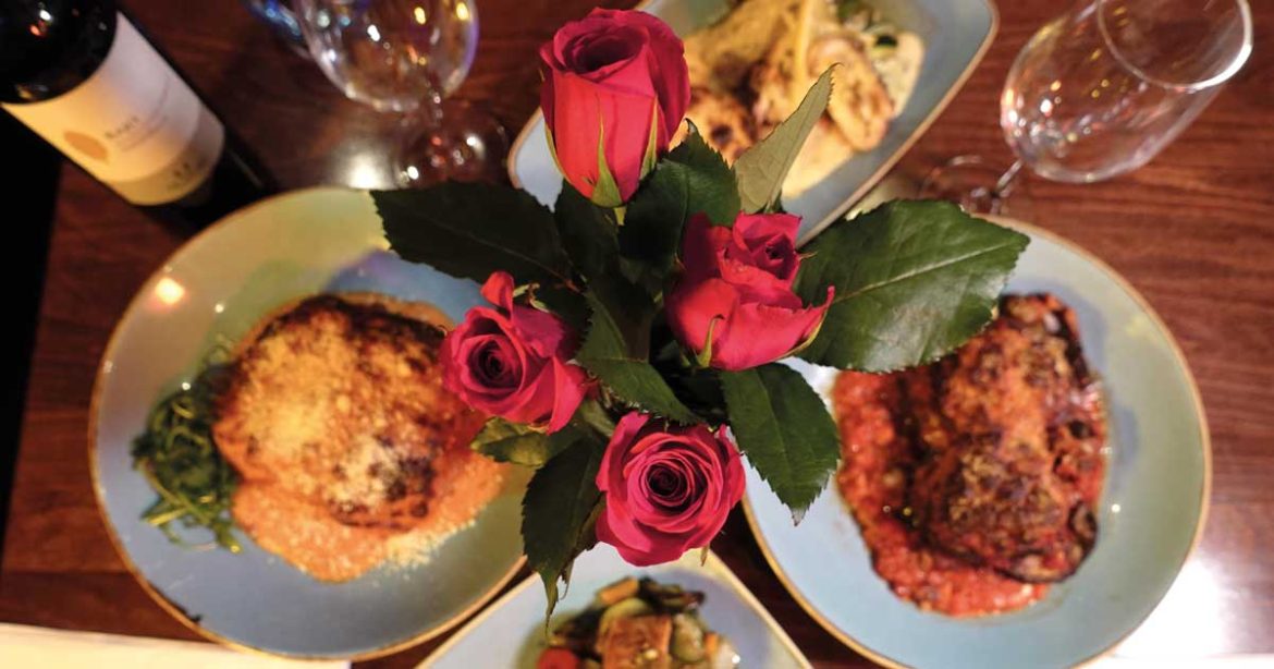 Valentine's Day Dining - two plates of food and roses